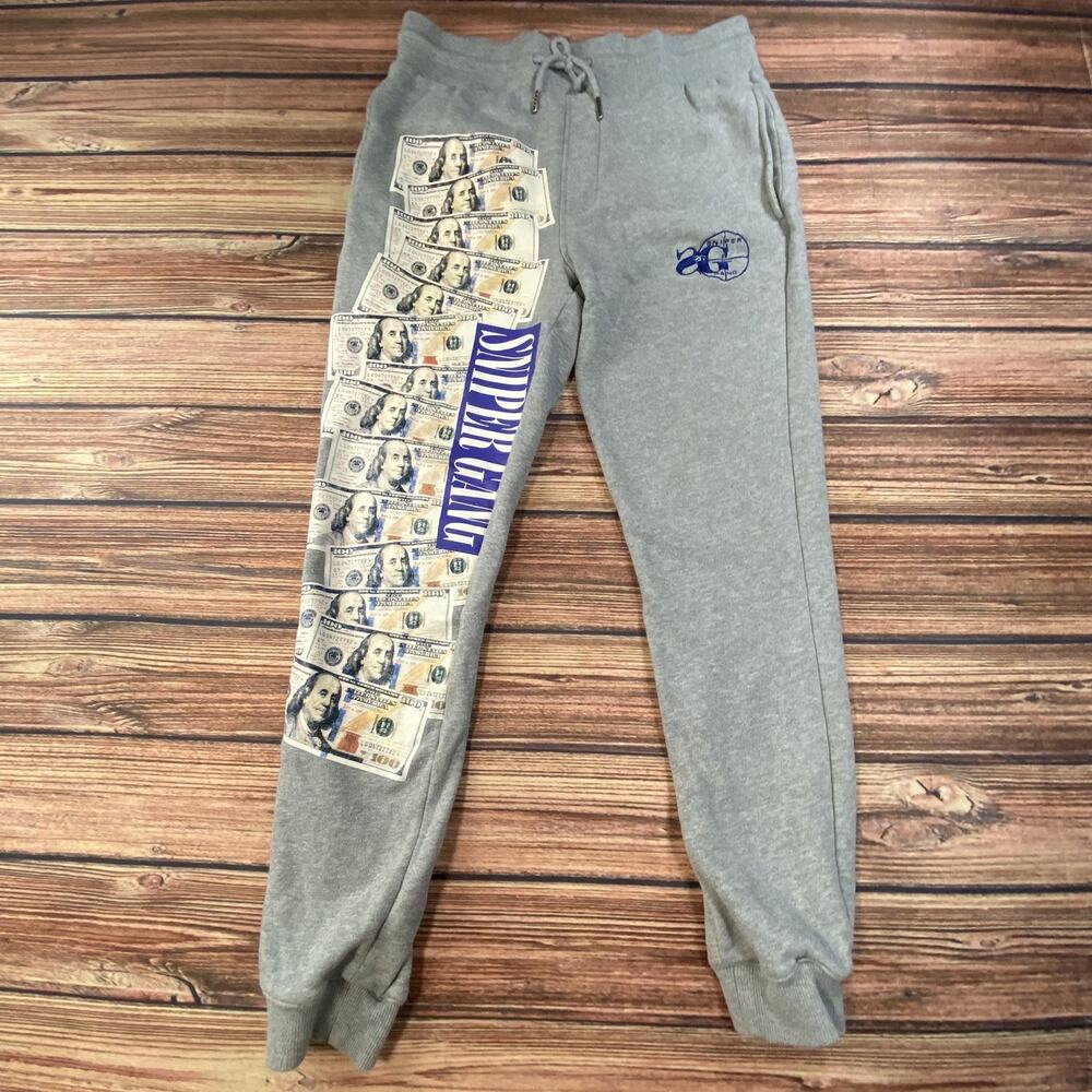 Sniper Gang Gray Sweatpants Joggers Mens M Benjamins Money Graphic Streetwear
